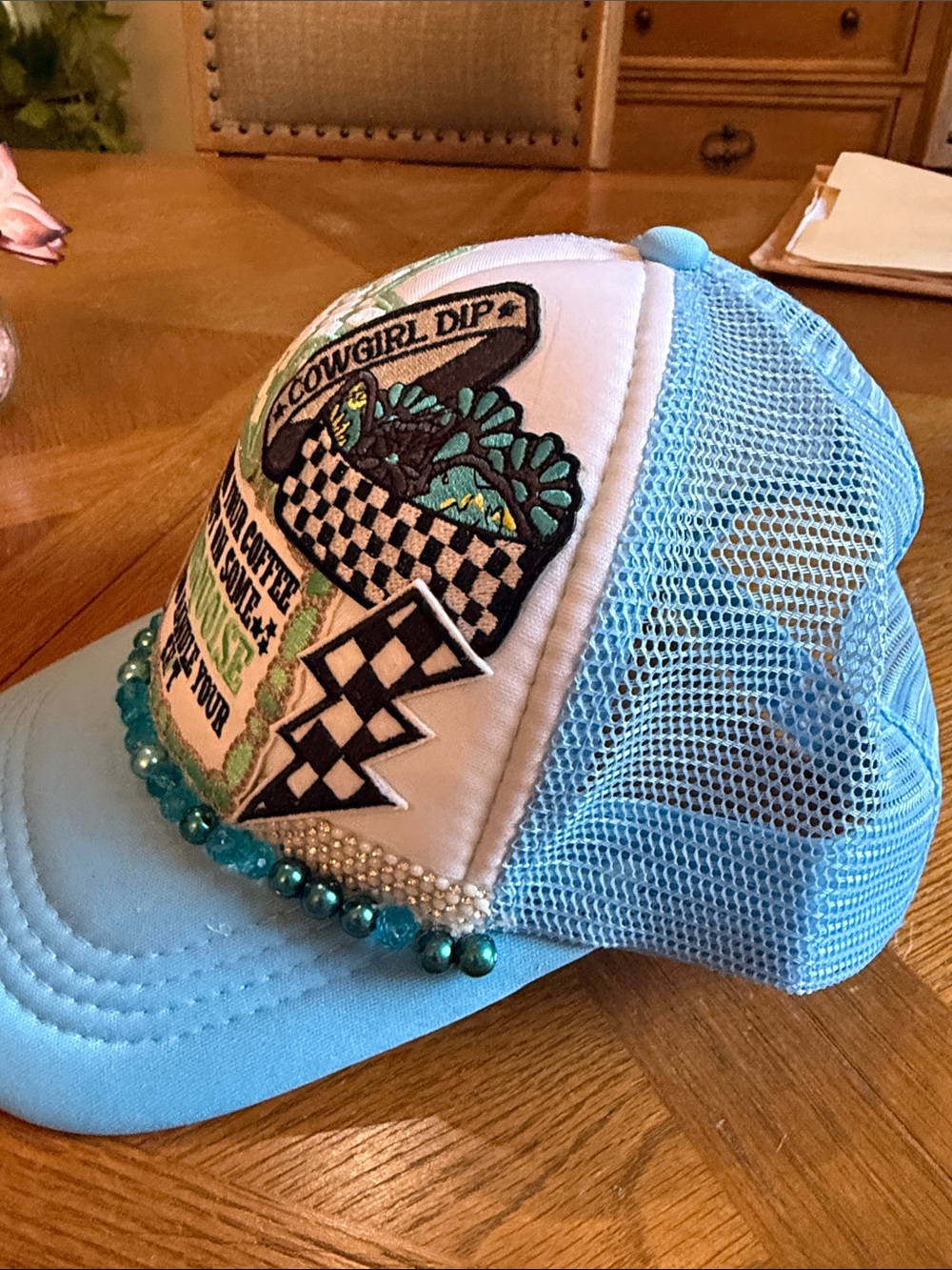 Turquoise Embellished Trucker Hat - Beaded Patch Design - Picture 5 of 5